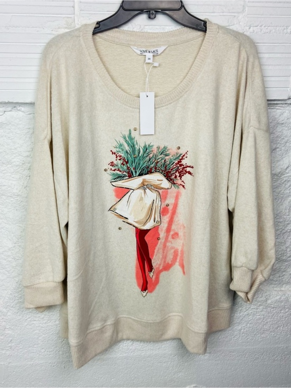 NWT Love & Lace Cream Scoop-Neck Sweater with Festive lady Bouquet Graphic 3X